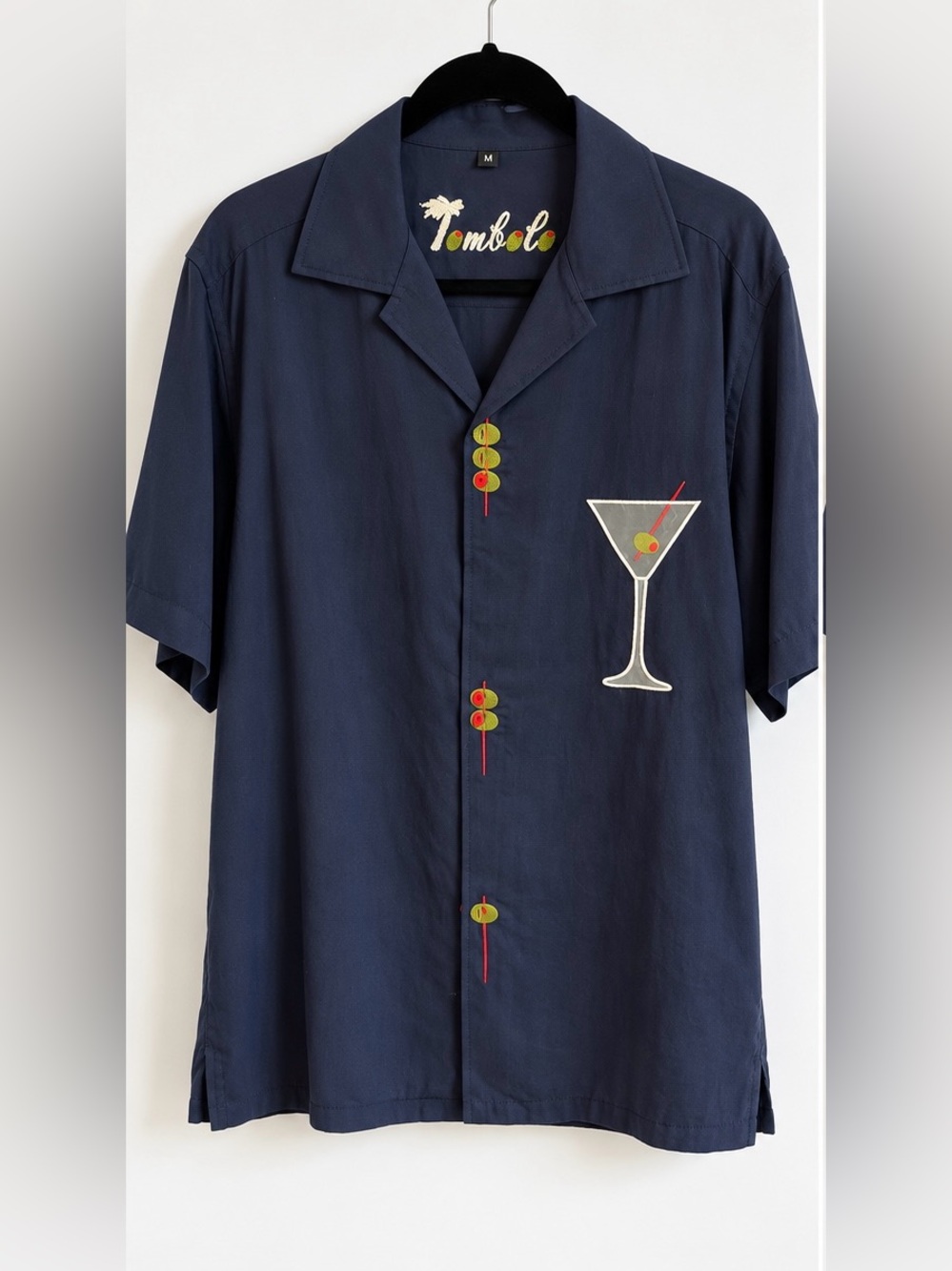 Tombolo Navy Martini Embroidered Camp Shirt 100% Tencel Size Medium